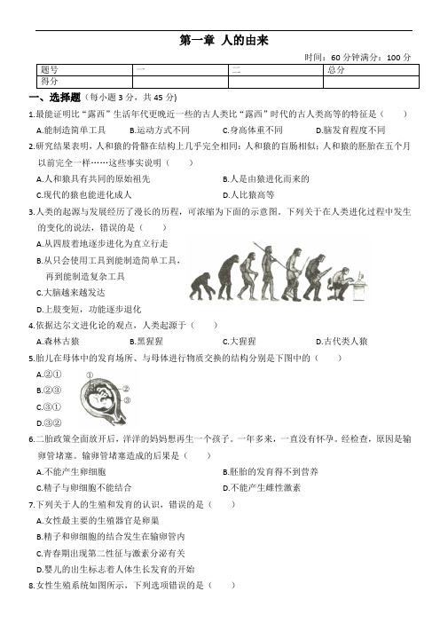 人教版七年级生物下册期末系统强化训练卷  第一章 人的由来