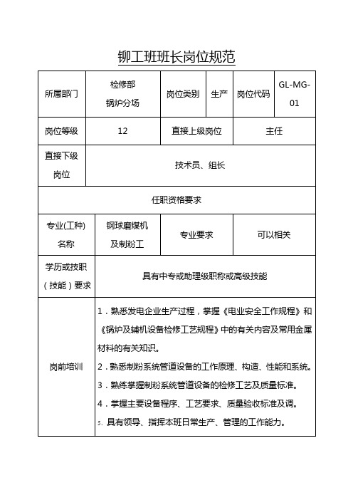 铆工班班长岗位规范