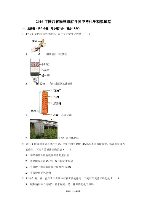 2016年陕西省榆林市府谷县中考化学模拟试卷