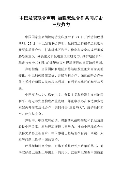 中巴发表联合声明 加强双边合作共同打击三股势力
