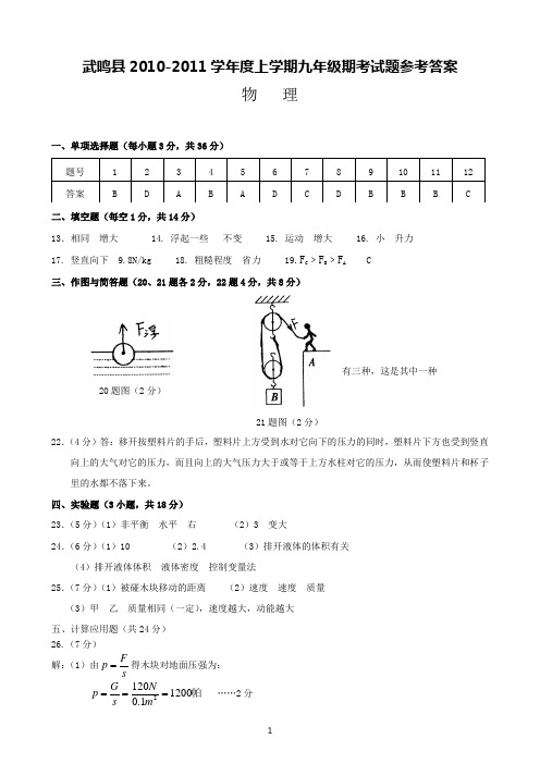 2010-2011上学期九年级物理期考参考答案