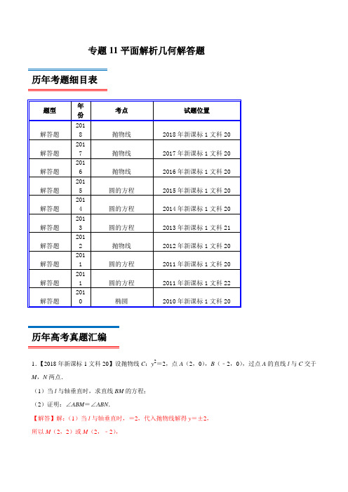 十年真题(2010-2019)高考数学(文)分类汇编专题11 平面解析几何解答题(新课标Ⅰ卷)(解析版)