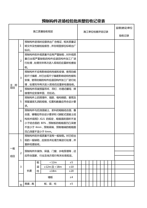 预制构件进场检验批质量验收记录表