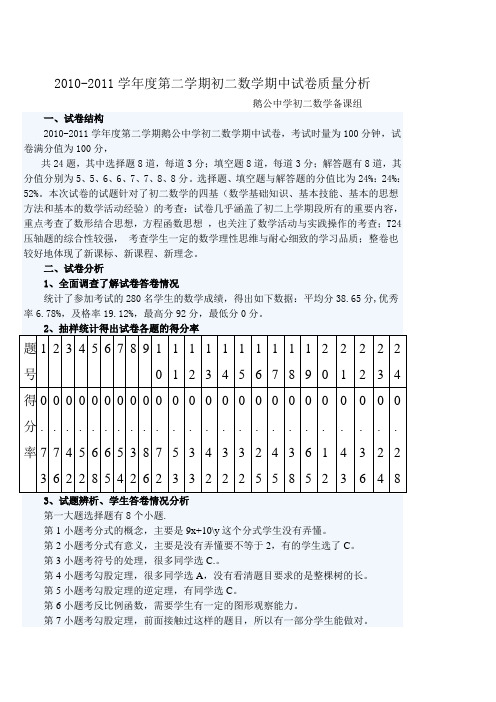 2010-2011学年度第二学期初二数学期中试卷质量分析