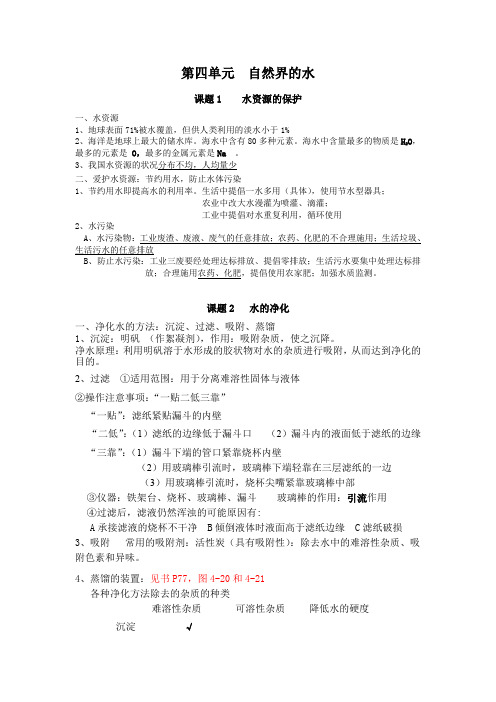 人教版初三化学第四章自然界的水知识点总结