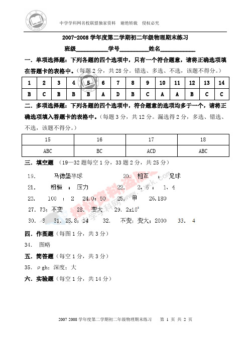 2007-2008学年度第二学期初二物理期末练习答案