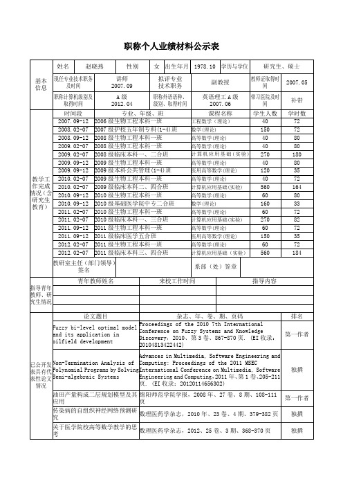 职称个人业绩材料公示表