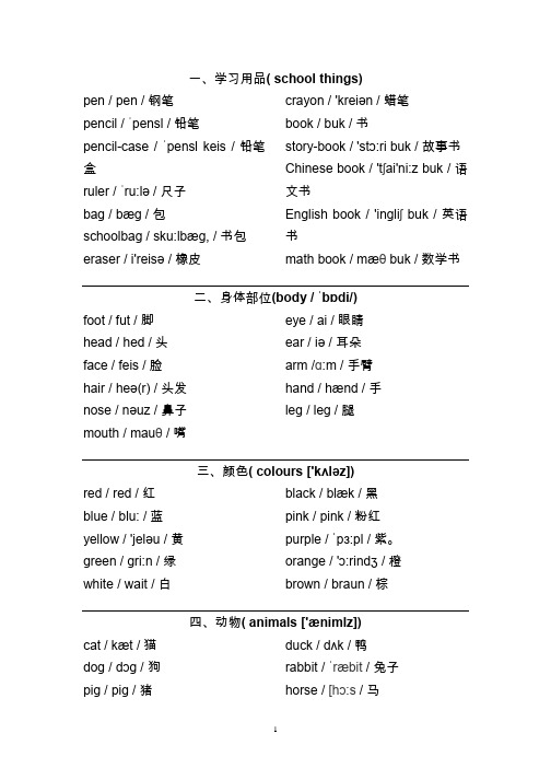 人教版小学英语单词分类-中文-英文-音标速记版本