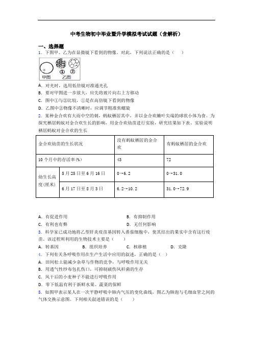 中考生物初中毕业暨升学模拟考试试题(含解析)