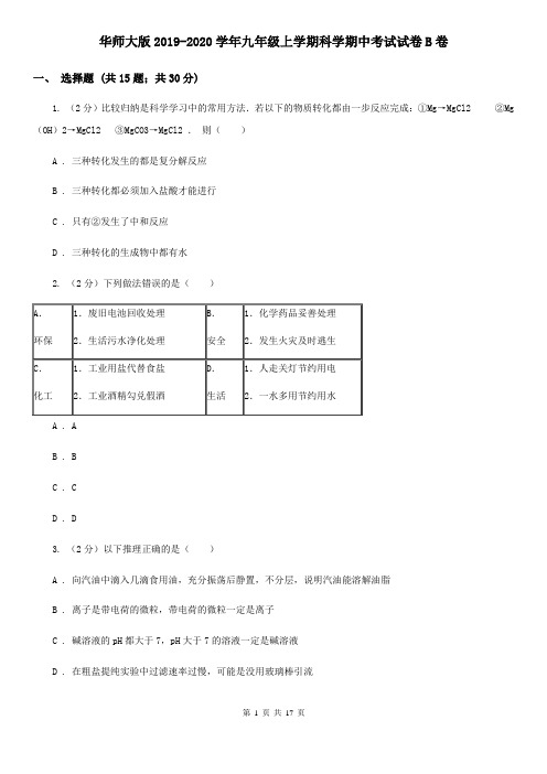 华师大版2019-2020学年九年级上学期科学期中考试试卷B卷