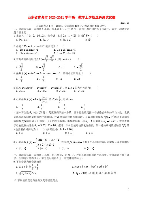 山东省青岛市2020-2021学年高一数学上学期选科测试试题