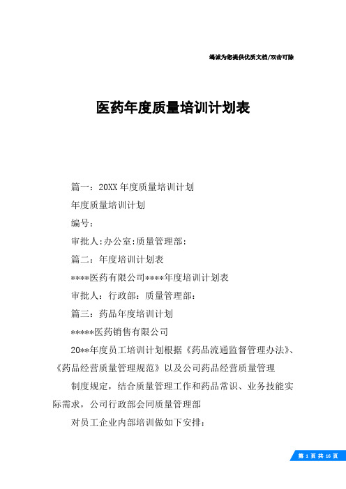 医药年度质量培训计划表
