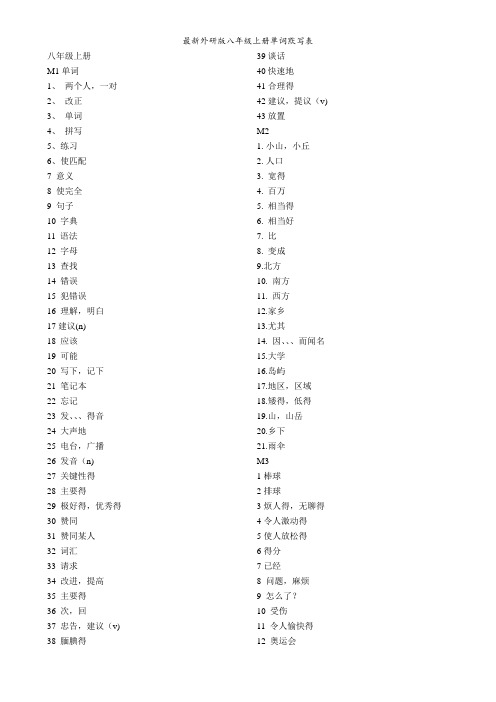 最新外研版八年级上册单词默写表