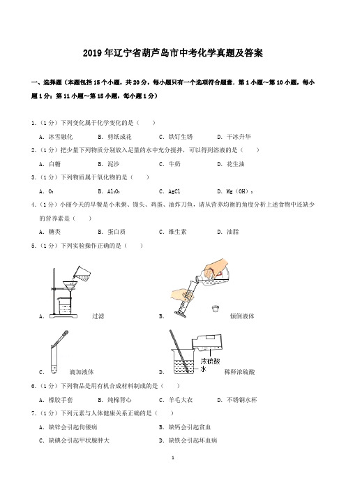 2019年辽宁省葫芦岛市中考化学真题及答案