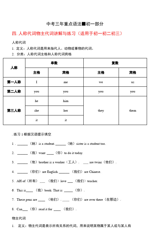 初中英语 中考三年重点语法-(初一部分)4 人称代词物主代词的讲解与练习