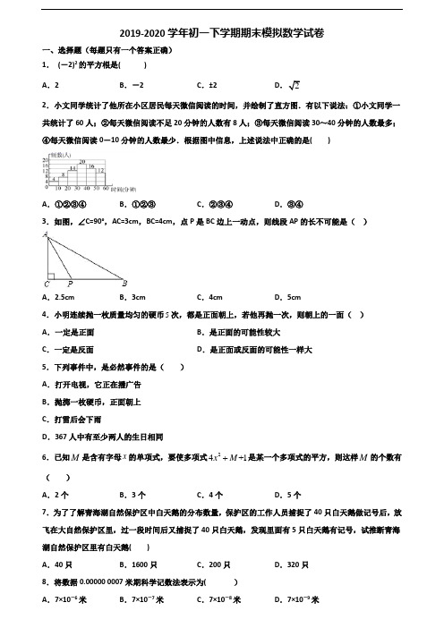 海南省名校2019-2020学年初一下学期期末数学综合测试试题