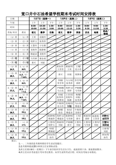 期末考试教师监考安排表