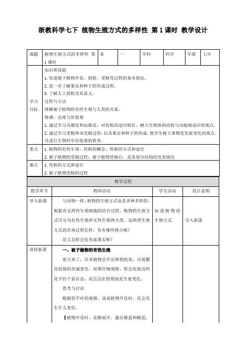 浙教版七年科学下册第1章第5节植物生殖方式的多样性 第1课时(教案)