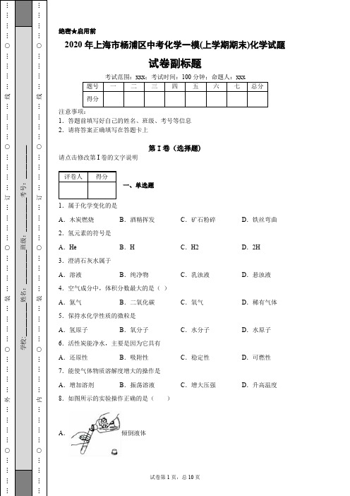 2020年上海市杨浦区中考化学一模(上学期期末)化学试题