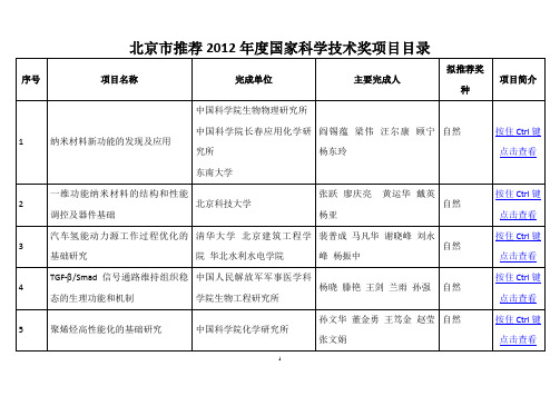 北京市推荐2012年度国家科学技术奖项目目录