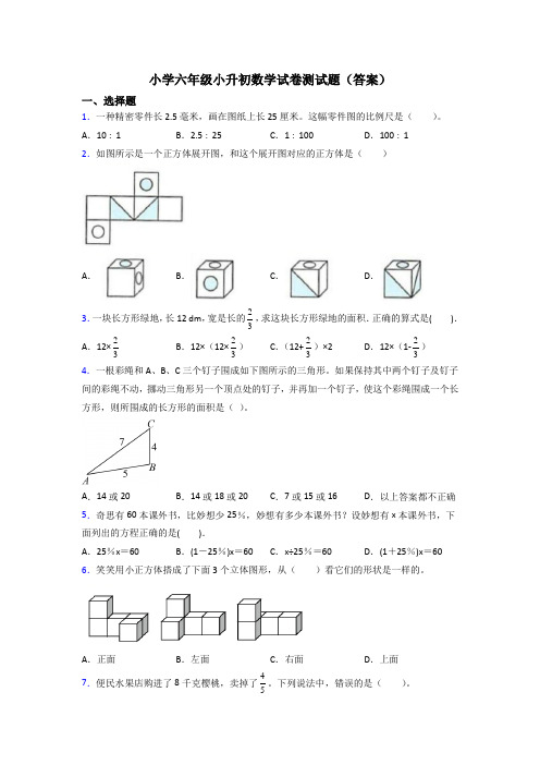 小学六年级小升初数学试卷测试题(答案)