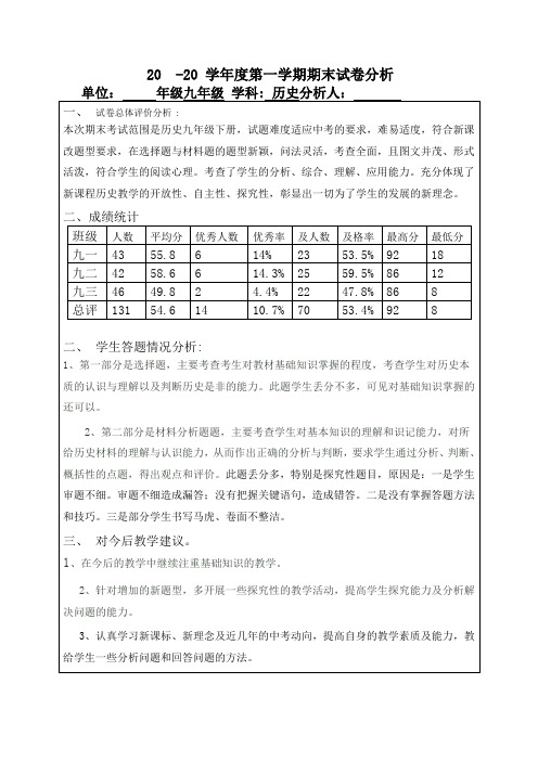 九年级上册历史期末试卷分析