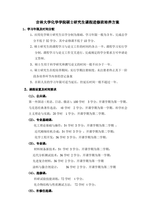 吉林大学化学学院硕士研究生课程进修班培养方案.