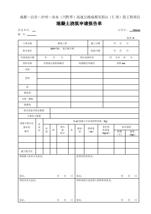 最新整理砼浇筑混凝土浇筑申请报告单.doc