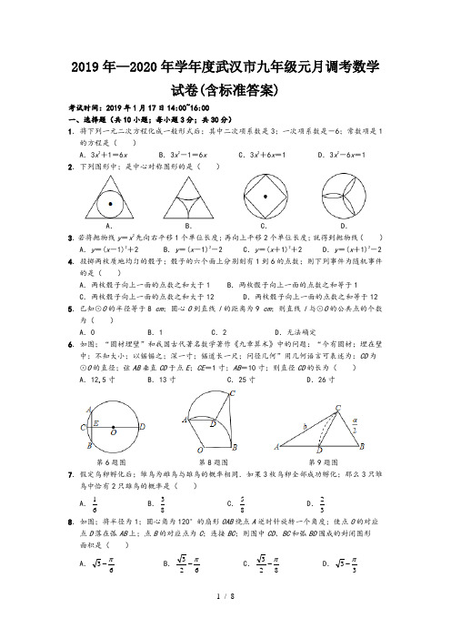 2019年—2020年学年度武汉市九年级元月调考数学试卷(含标准答案)