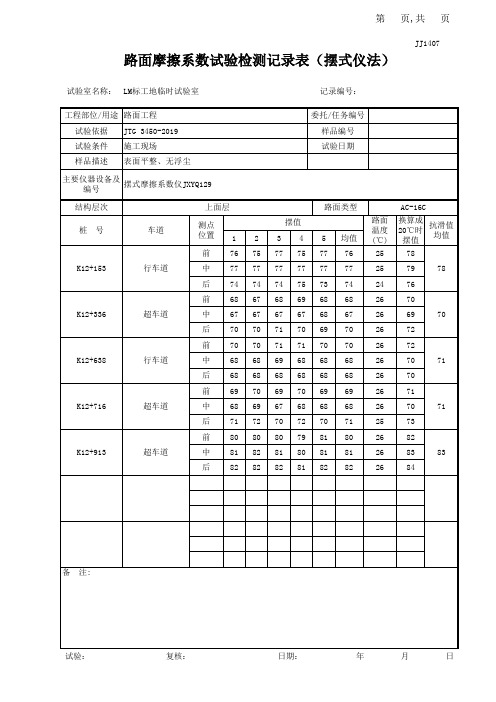 (带公式)路面摩擦系数试验检测记录表(摆式仪法)