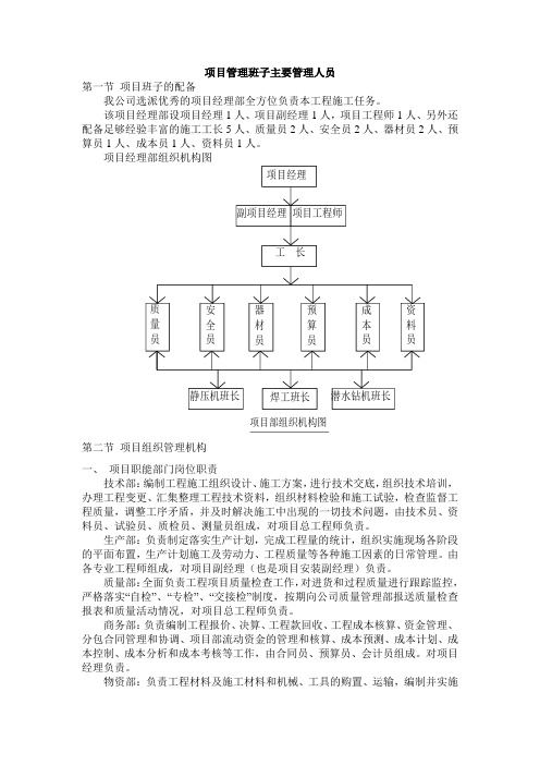 项目管理班子主要管理人员