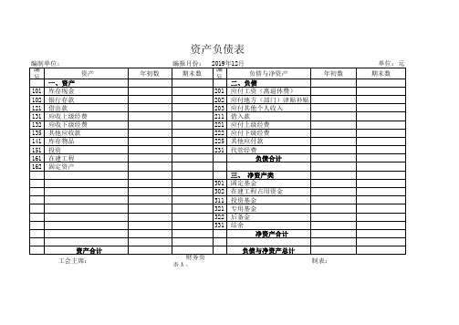 行政事业单位工会资产负债表及收支表报表