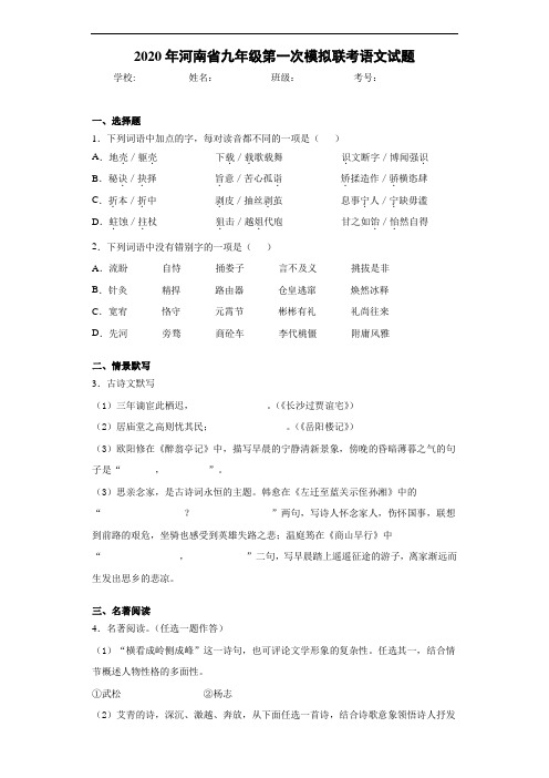 2020年河南省九年级第一次模拟联考语文试题
