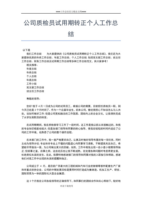 2019年最新公司质检个人工作总结范文工作总结文档【五篇】
