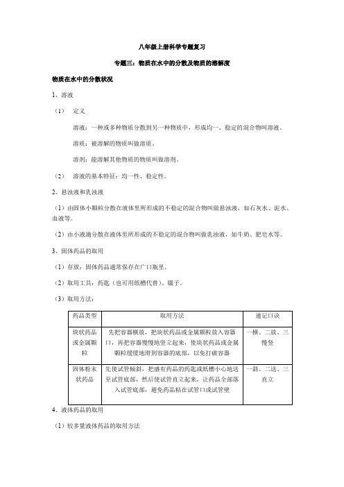 专题三：物质在水中的分散及物质的溶解度—浙教版八年级科学上学期期末备考专题复习讲义 