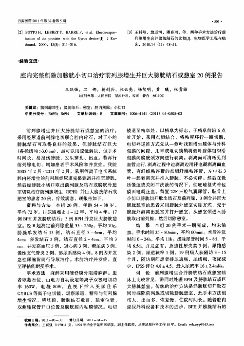 腔内完整剜除加膀胱小切口治疗前列腺增生并巨大膀胱结石或憩室20例报告
