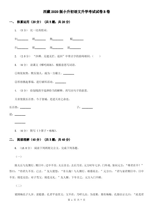 西藏2020版小升初语文升学考试试卷B卷(新版)
