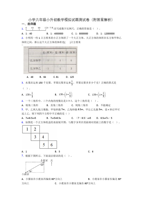 小学六年级小升初数学模拟试题测试卷(附答案解析)