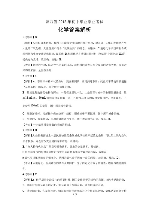 陕西省2018年初中毕业学业考试化学答案解析