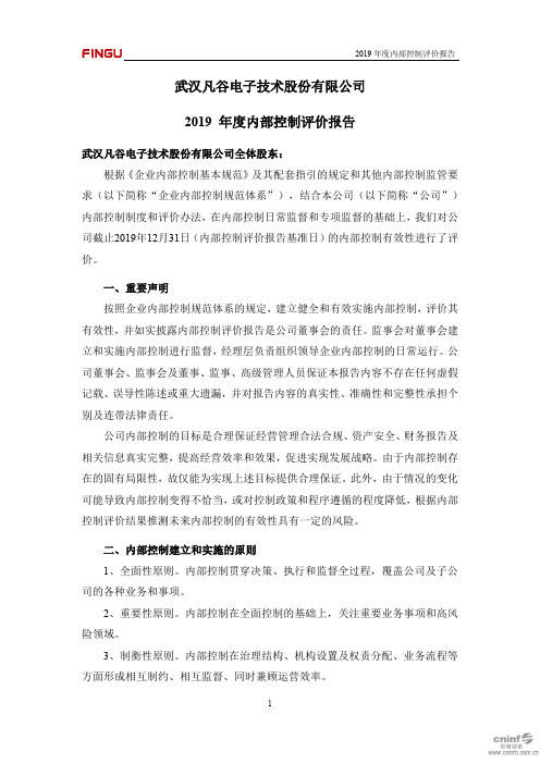 武汉凡谷：2019年度内部控制评价报告