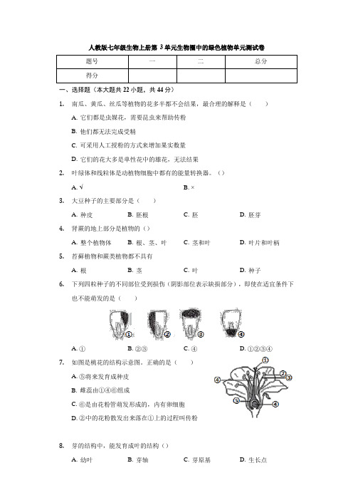 人教版七年级生物上册 第3单元 生物圈中的绿色植物 单元测试卷(有答案)