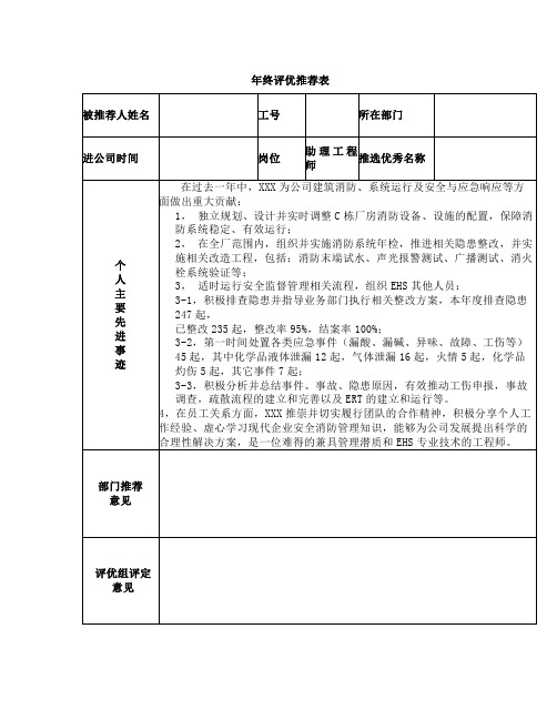 ehs优秀员工推荐表