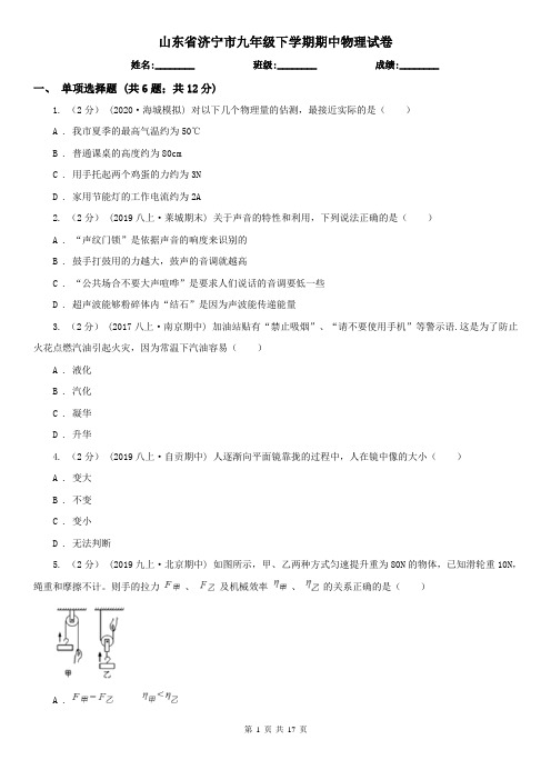 山东省济宁市九年级下学期期中物理试卷 