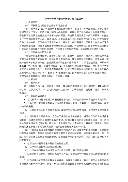 2020年春人教版小学一年级下册数学教学计划及进度表