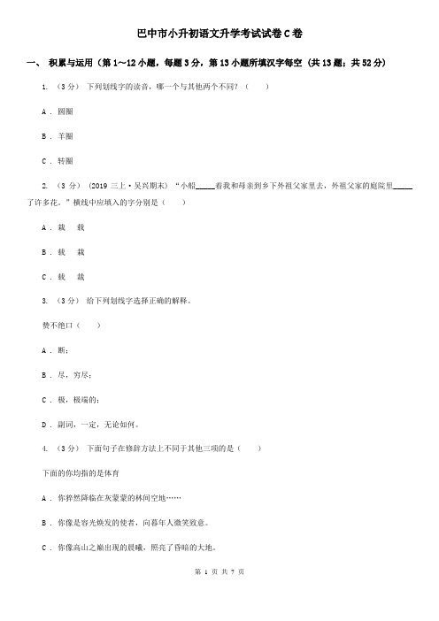 巴中市小升初语文升学考试试卷C卷