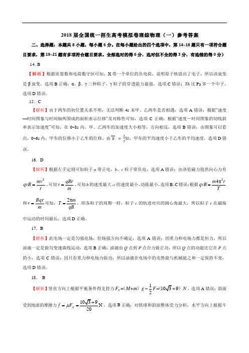 全国统一招生高考押题卷理综物理(一)参考答案