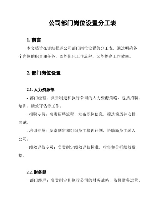 公司部门岗位设置分工表