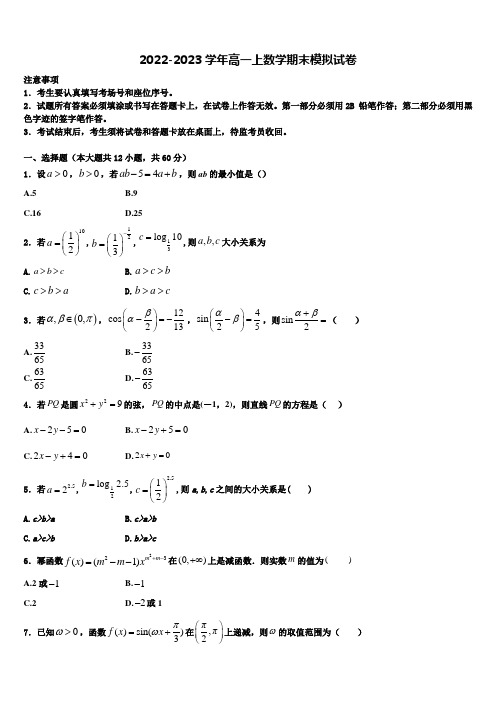 新疆维吾尔自治区克拉玛依市第十三中学2022-2023学年高一数学第一学期期末调研模拟试题含解析