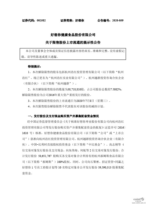 好想你：关于限售股份上市流通的提示性公告