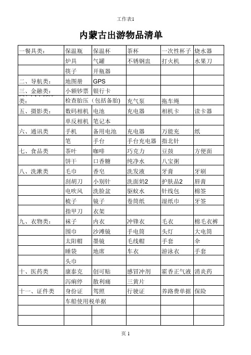 内蒙出游物品清单